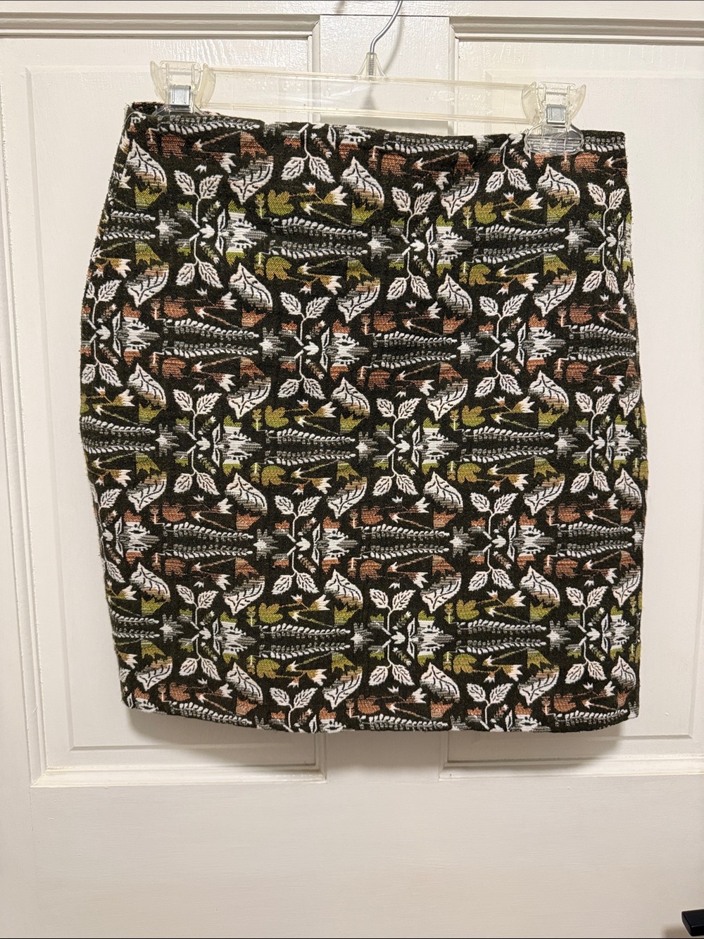 Textured Jacquard Mini Skirt with Green & Brown Floral Motif -Size Small